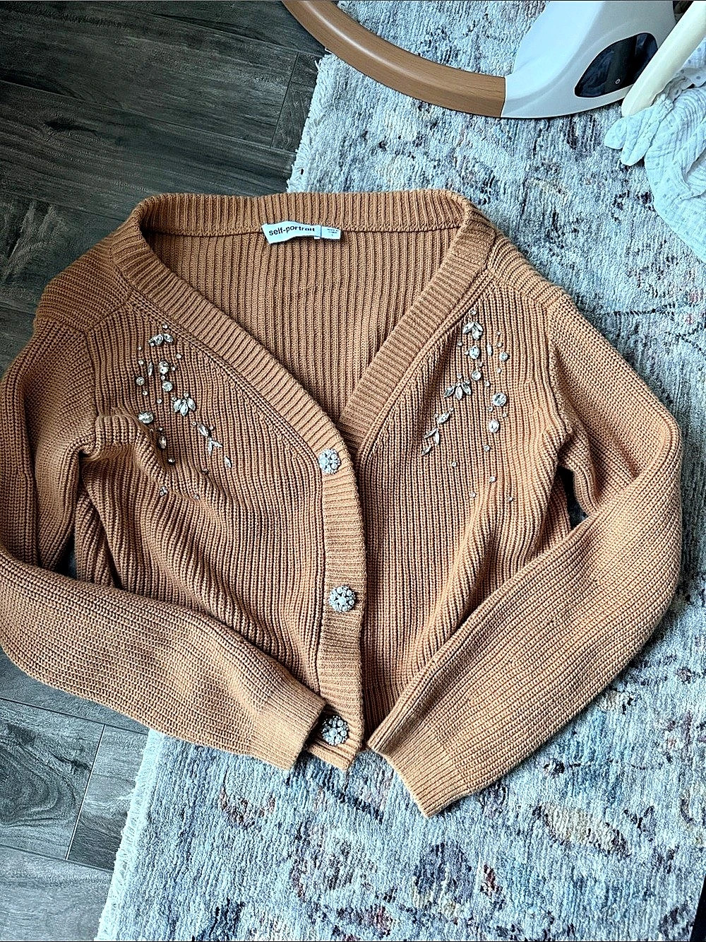 self-portrait Camel Crystal Embellished Cardigan Brown